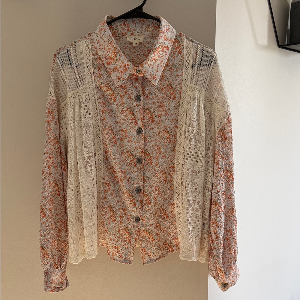 POL Women's Lace Floral Blouse - Orange and Cream